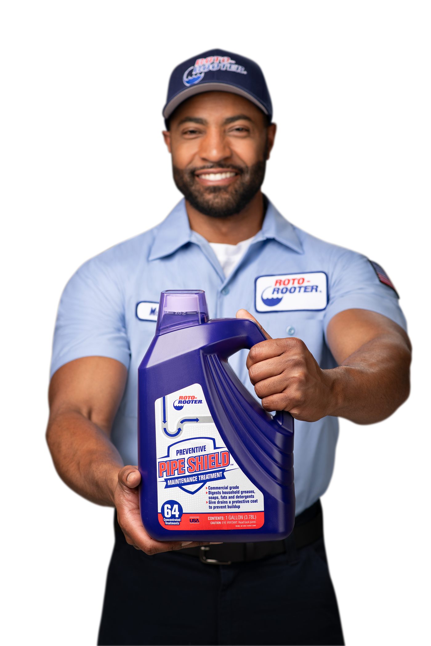 Roto-Rooter technician holding a bottle of Pipe Shield treatment
